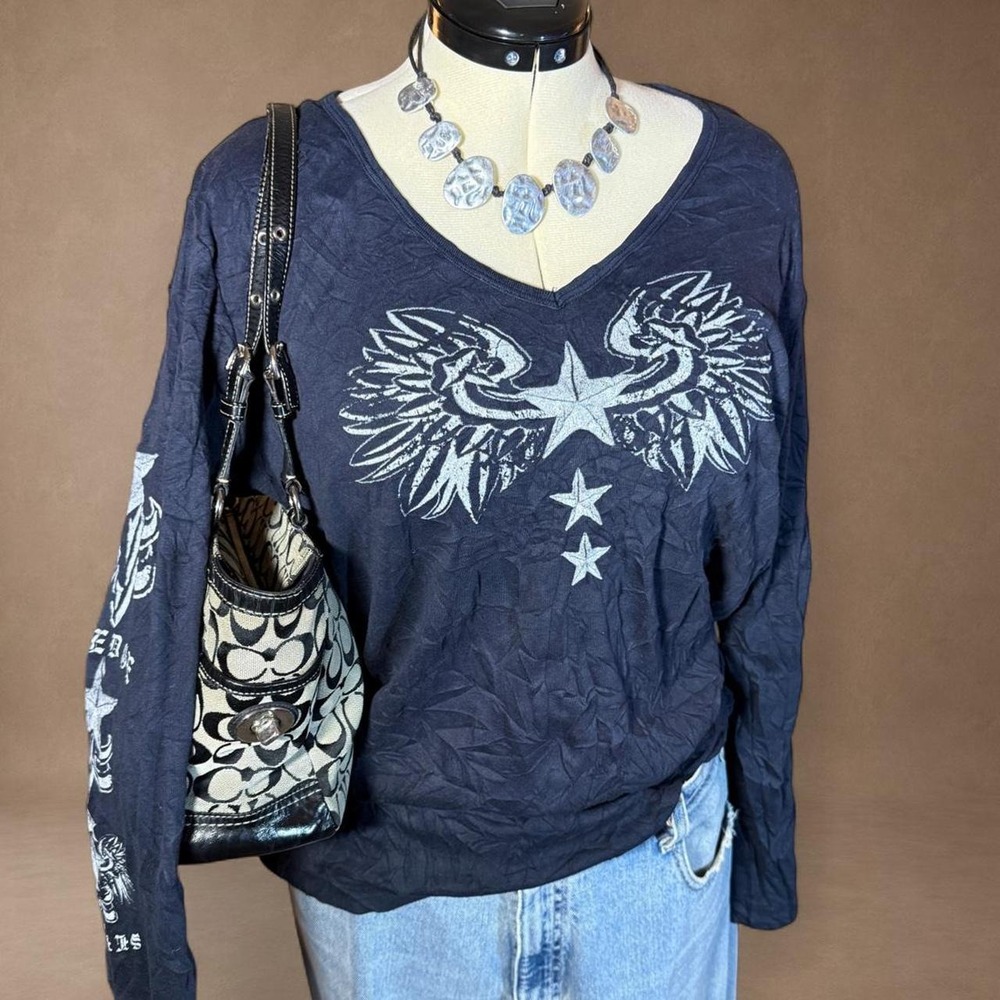 Vintage Sledge USA Eagle Star Graphic Long Sleeve Gothic Biker Top Navy Blue